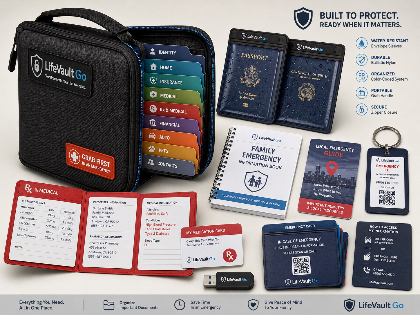 LifeVault Go complete emergency document organizer system with sleeves, cards, USB drive, and emergency guide